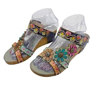 L'Artiste Delight Size 37 /7 Wedge Slide Sandals Comfort Floral Leather Colorful
